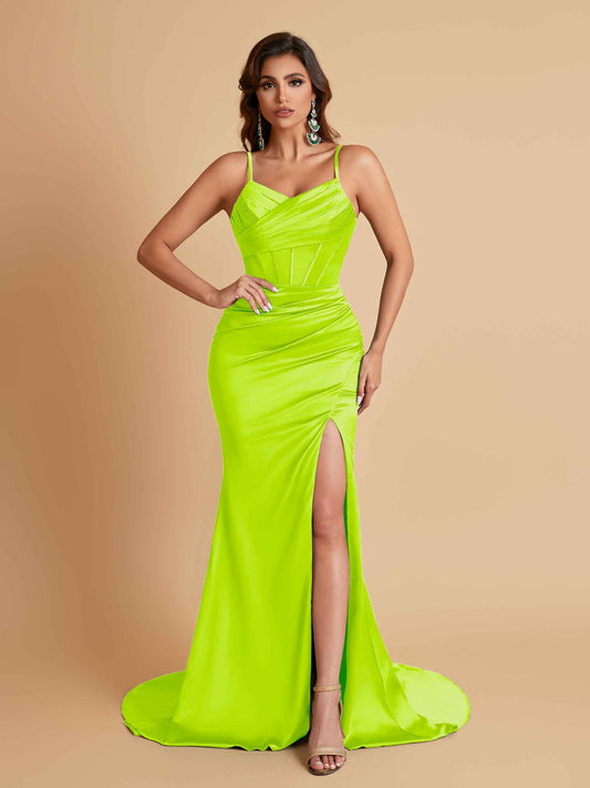 Sexy Spaghetti Straps V Neck Soft Satin Side Slit Floor-Length Mermaid Bridesmaid Dresses