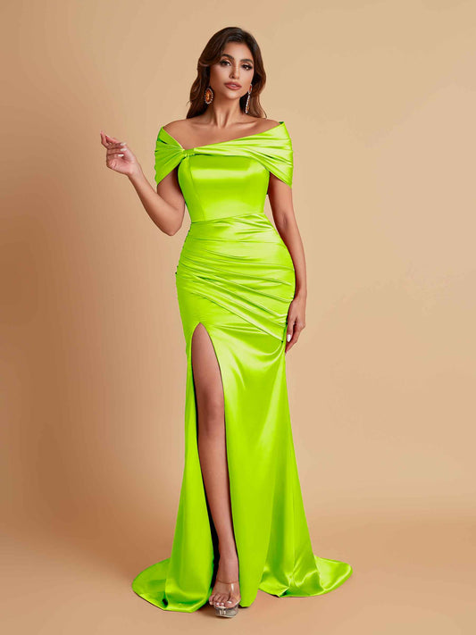 Elegant Soft Satin Off-the-shoulder Side-Slit Mermaid Bridesmaid Dresses