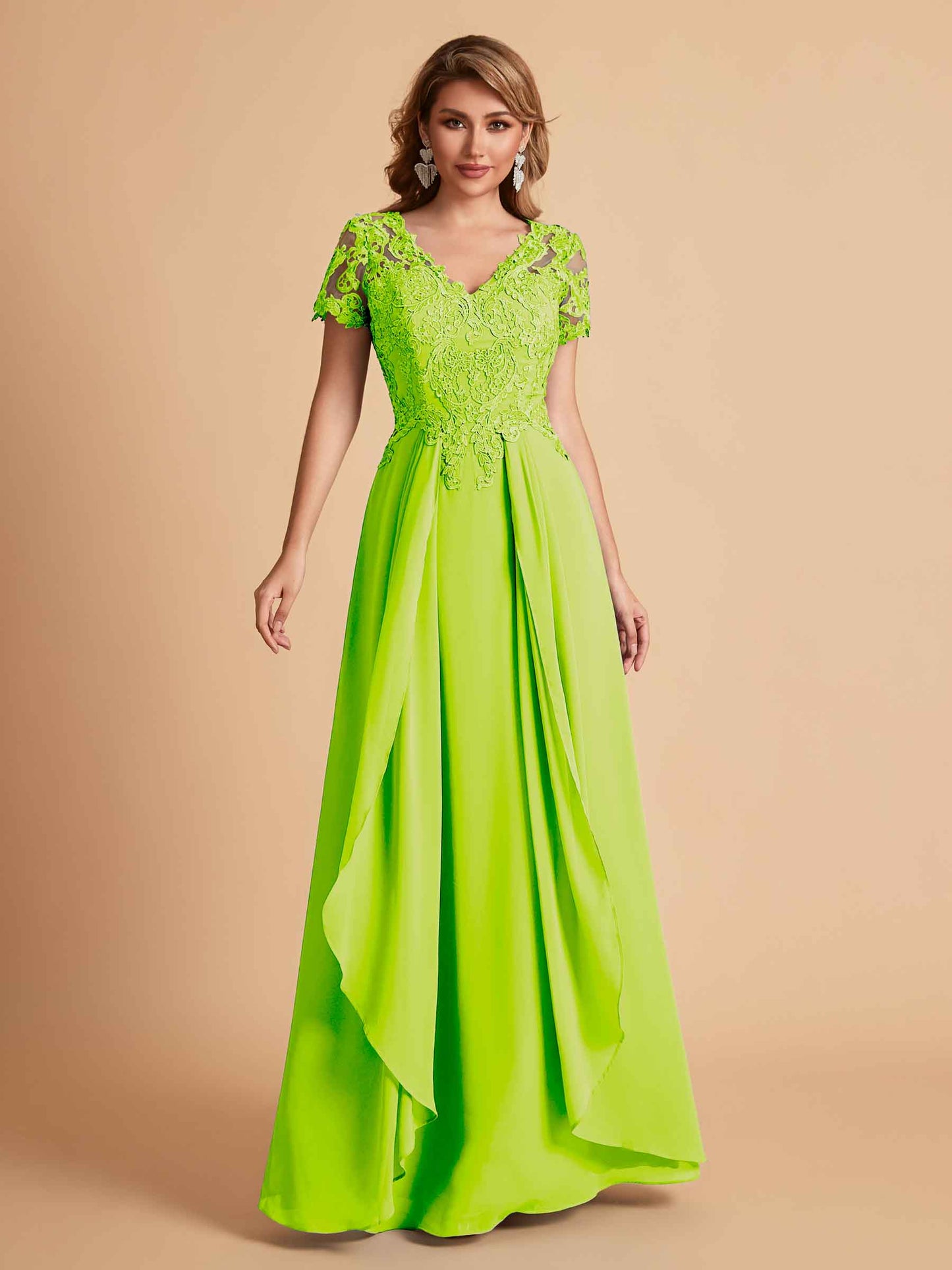 Elegant A-Line Chiffon Short Sleeves V-neck Mother of the Brides Dresses Lace Top MOB Dresses