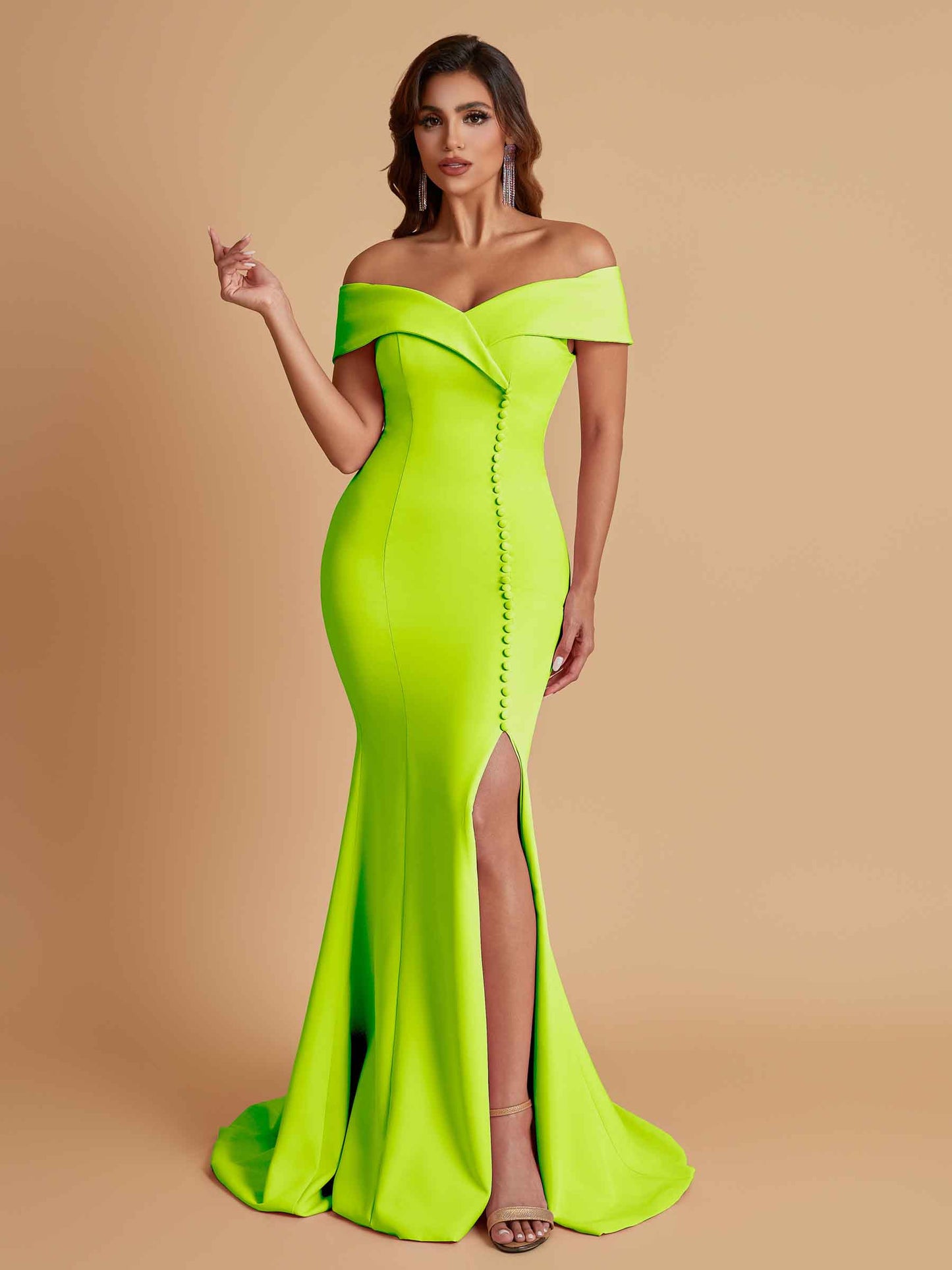 Elegant Soft Satin Mermaid Off Shoulder Side Slit Floor-Length Bridesmaid Dresses