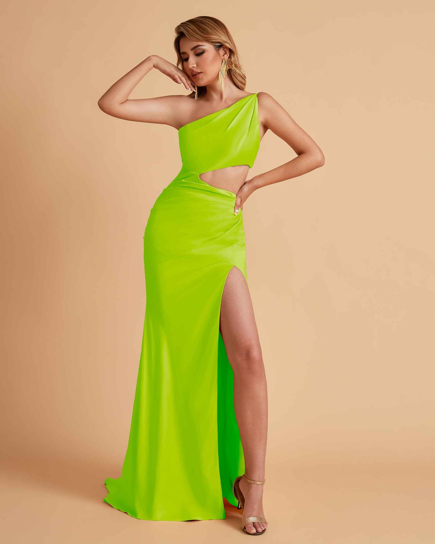 Sexy One-Shoulder Waist Cutout With High Split Floor-Length Bridesmaid Dresses