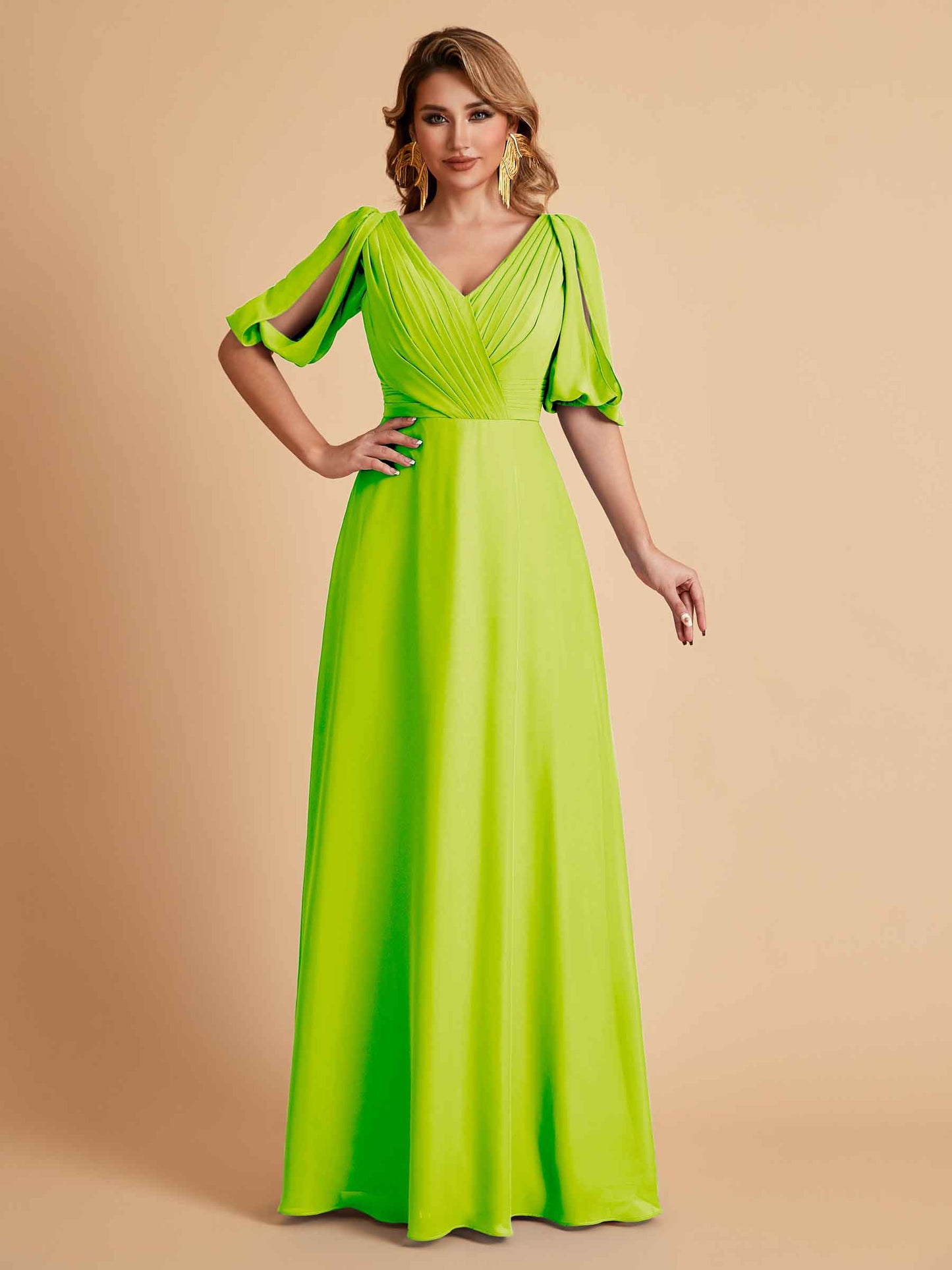 Elegant A-Line Chiffon Half Sleeves V-Neck Mother of the Brides Dresses Online