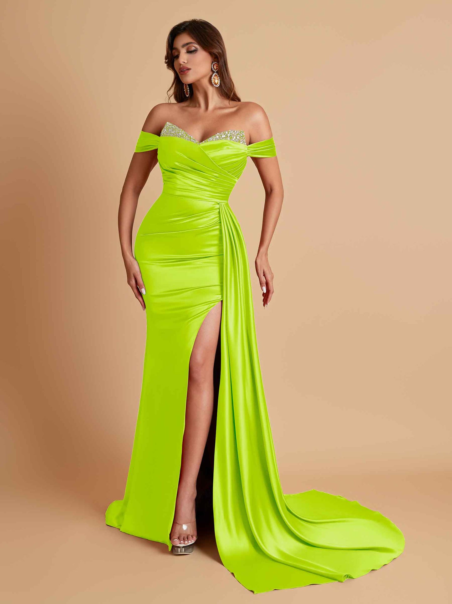 Gorgeous Soft Satin V-neck Off-the-Shoulder Side-Slit Mermaid Bridesmaid Dresses