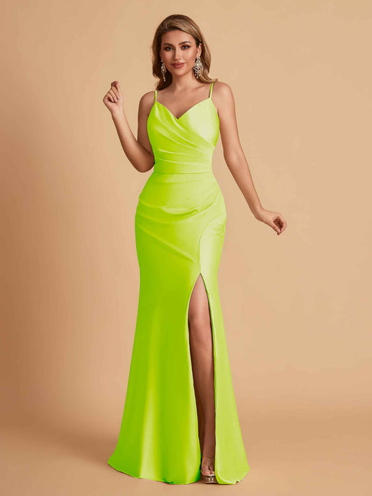 Elegant Satin Spaghetti Straps Mermaid Side Slit Floor Length Bridesmaid Dresses