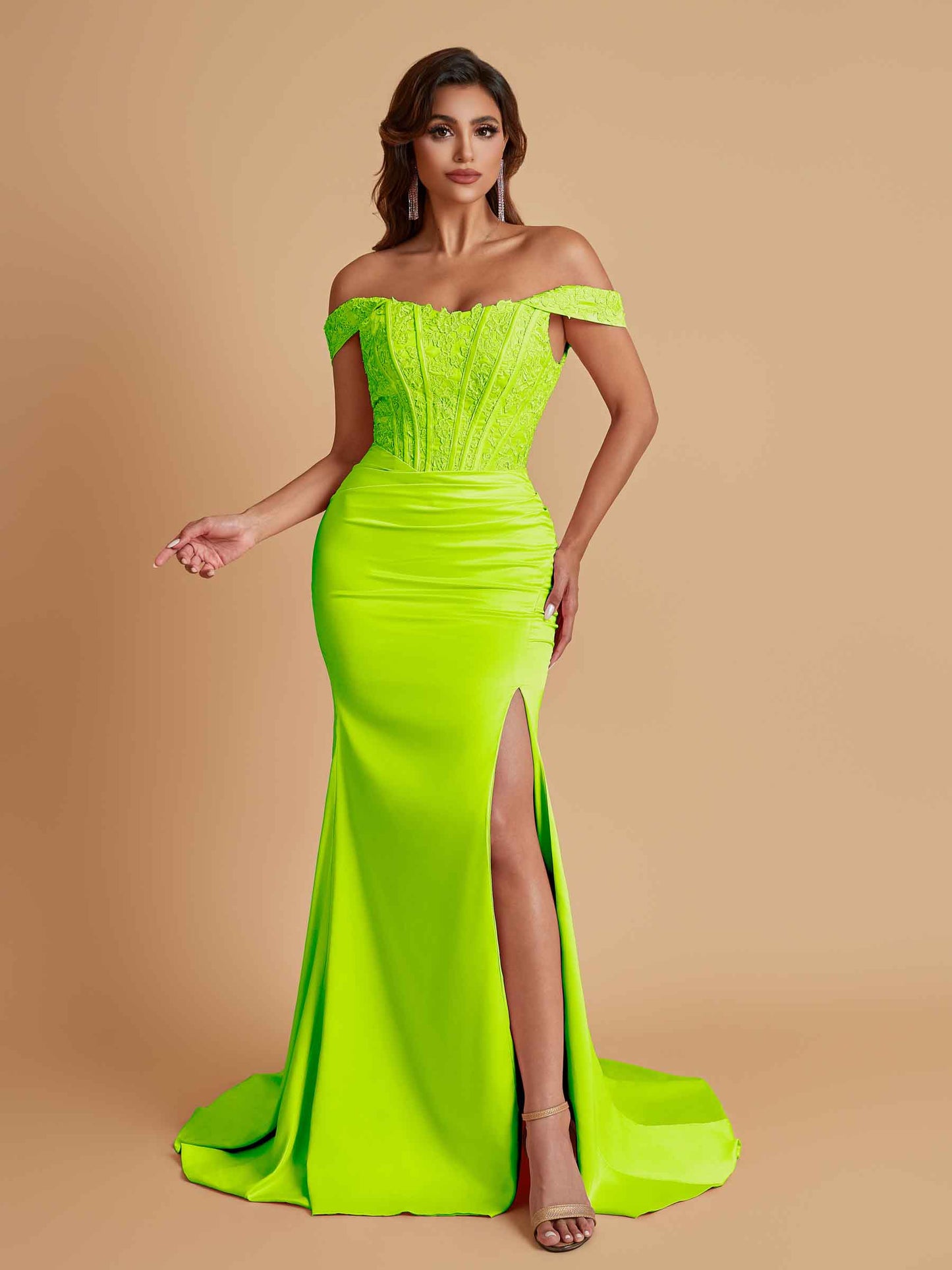 Elegant Soft Satin Mermaid Off Shoulder Side Slit Floor-Length Mermaid Bridesmaid Dresses