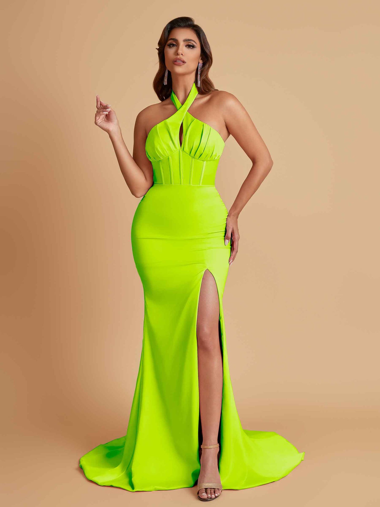 Elegant Soft Satin Mermaid Halter Side Slit Floor-Length Bridesmaid Dresses Online
