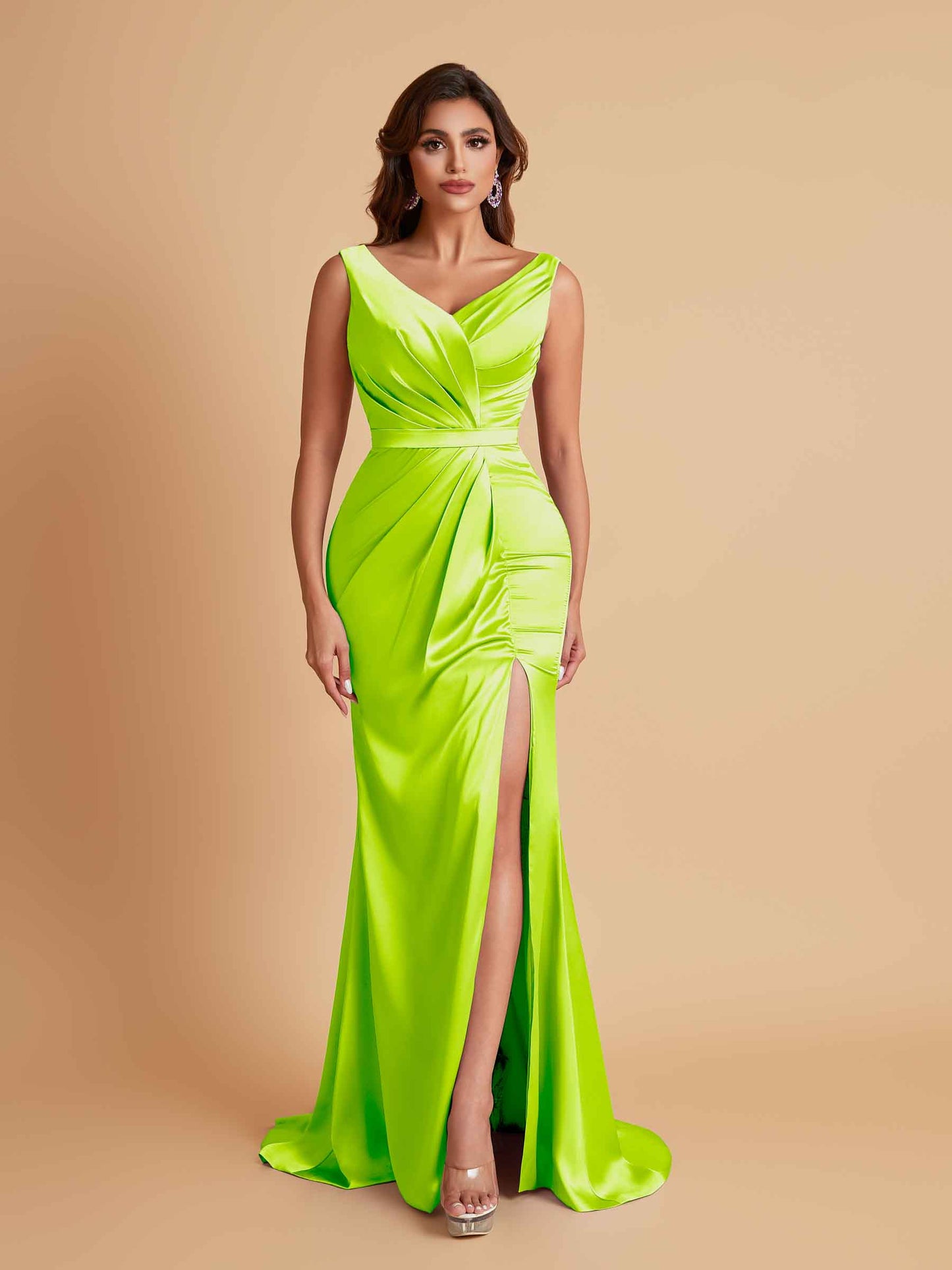 Elegant V Neck Soft Satin Side Slit Floor-Length Mermaid Bridesmaid Dresses