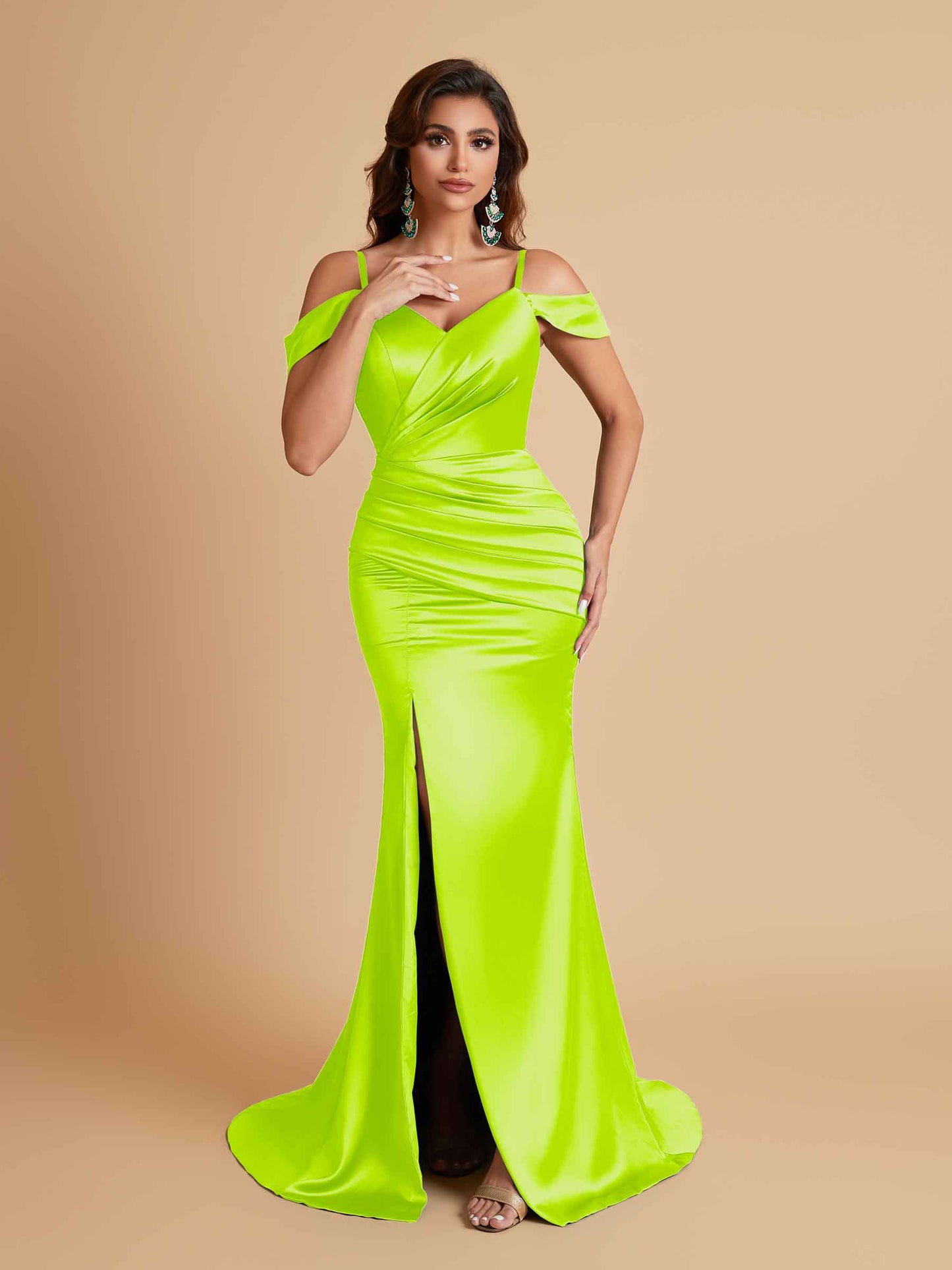 Sexy Soft Satin Mermaid Off Shoulder Side Slit Floor-Length Mermaid Bridesmaid Dresses