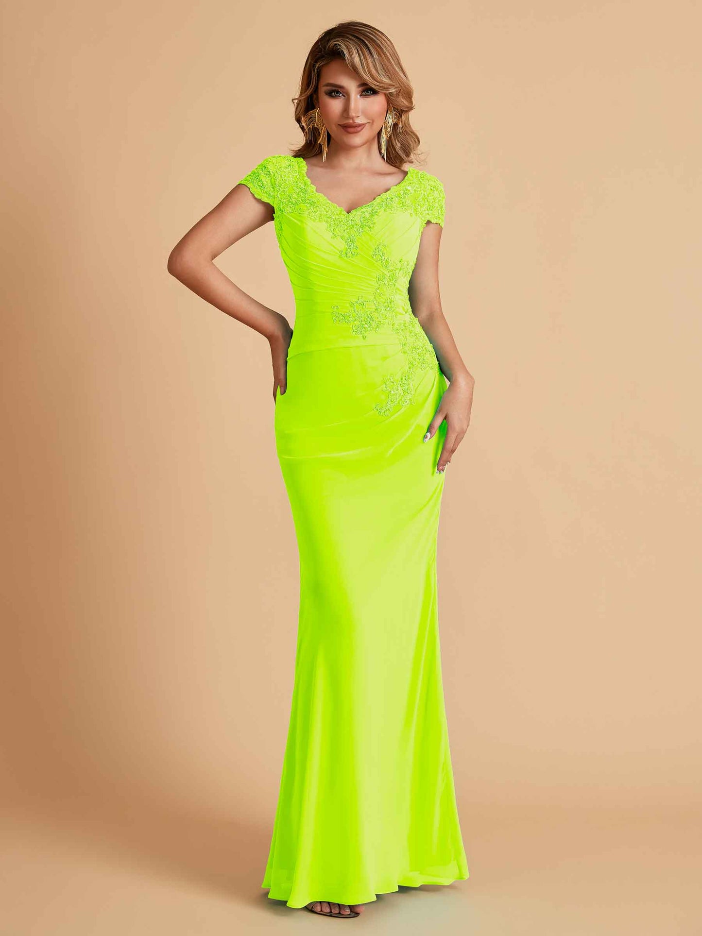 Elegant Mermaid Chiffon Cap Sleeves V-Neck Mother of the Brides Dresses Online