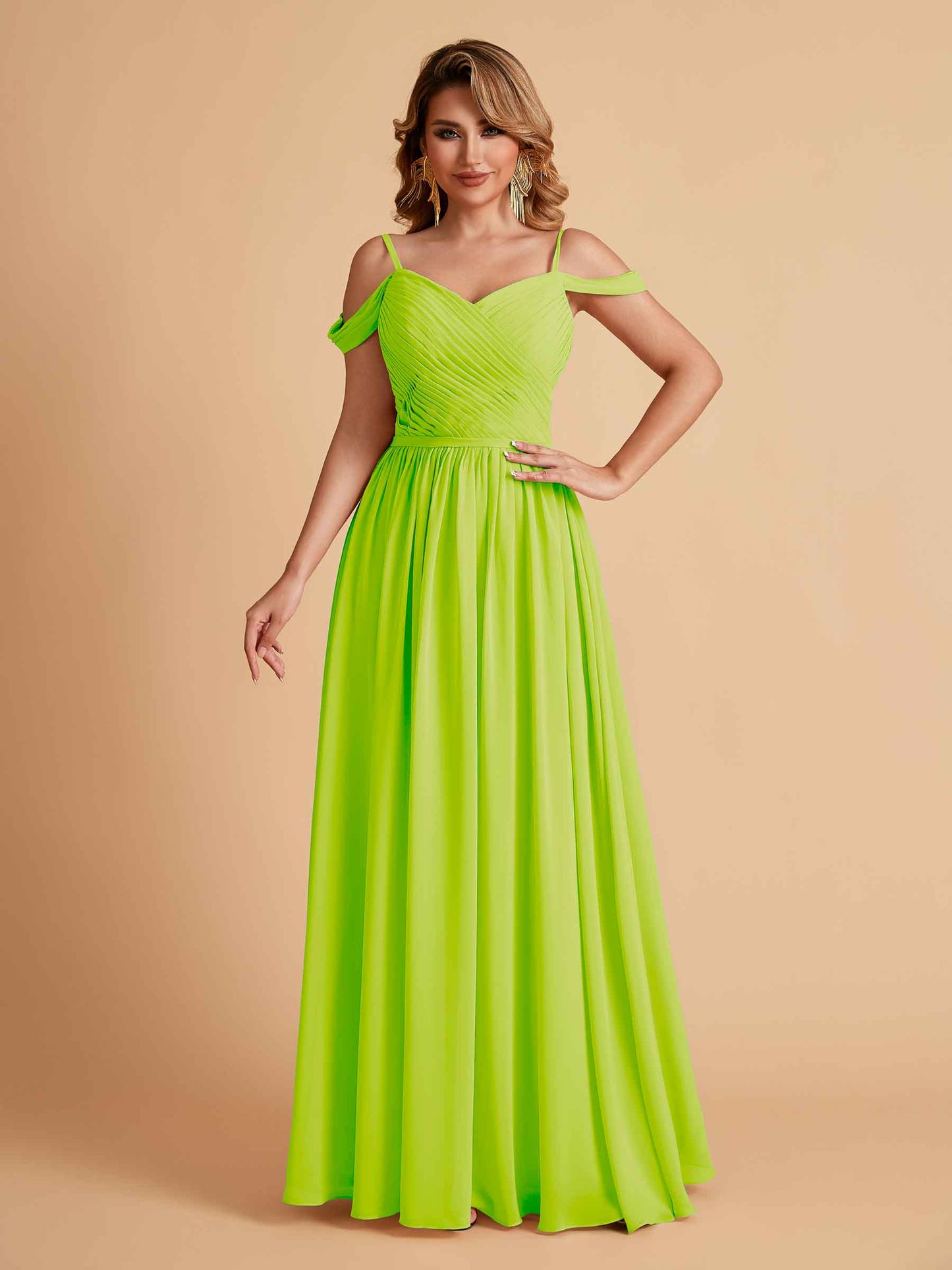 Elegant A-line Chiffon Off The Shoulder V-Neck Bridesmaid Dresses Online