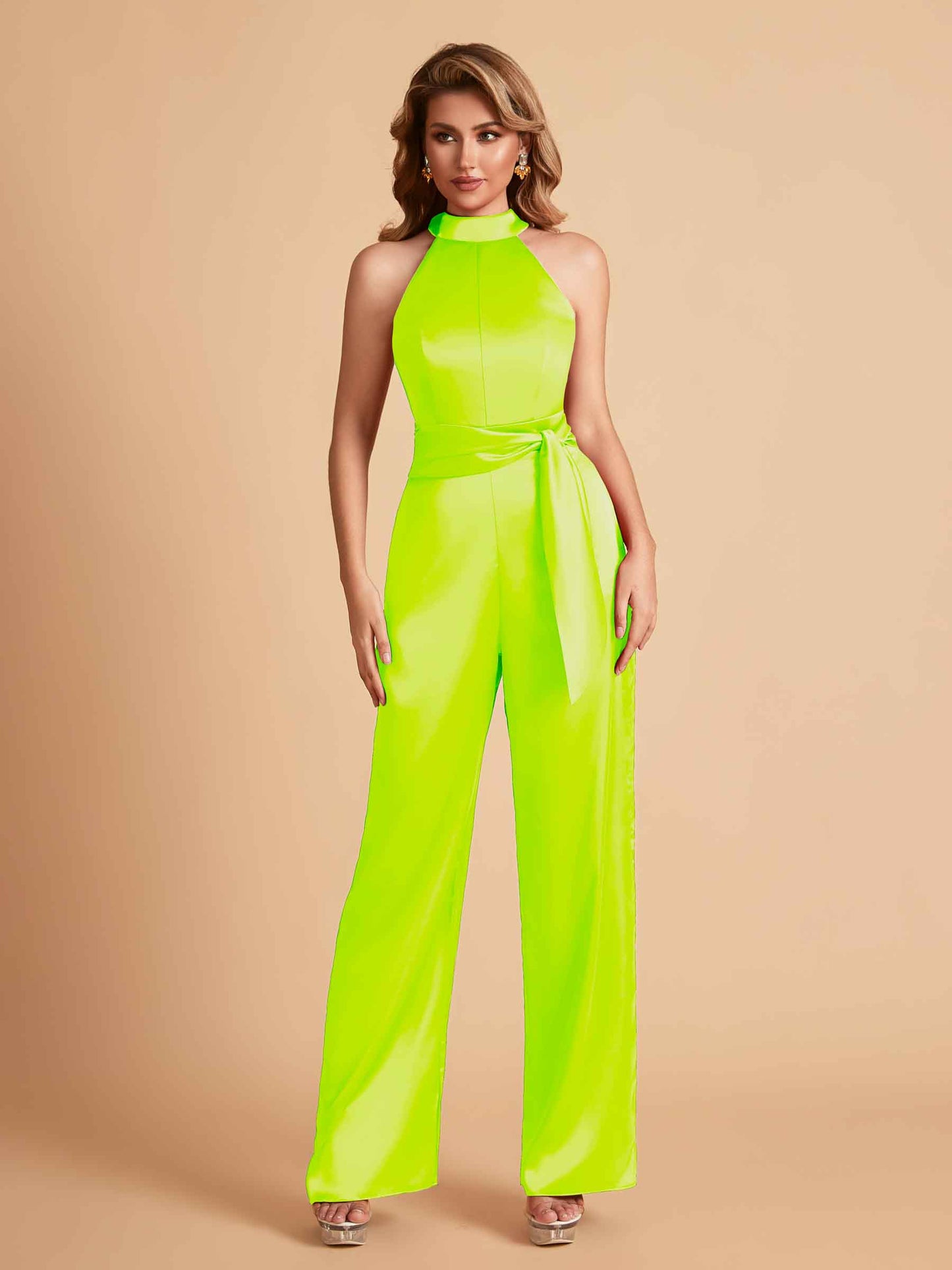 Elegant Satin Halter Sleeveless Satin Floor Length Bridesmaid Jumpsuit