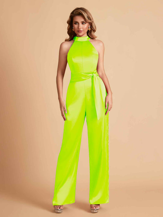 Elegant Satin Halter Sleeveless Satin Floor Length Bridesmaid Jumpsuit