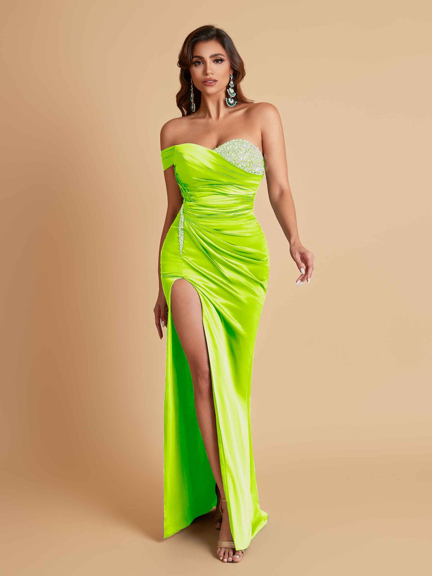 Sexy Soft Satin Mermaid One Shoulder Side Slit Floor-Length Mermaid Bridesmaid Dresses