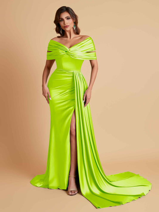 Elegant Soft Satin V-neck Off-the-Shoulder Side-Slit Mermaid Bridesmaid Dresses