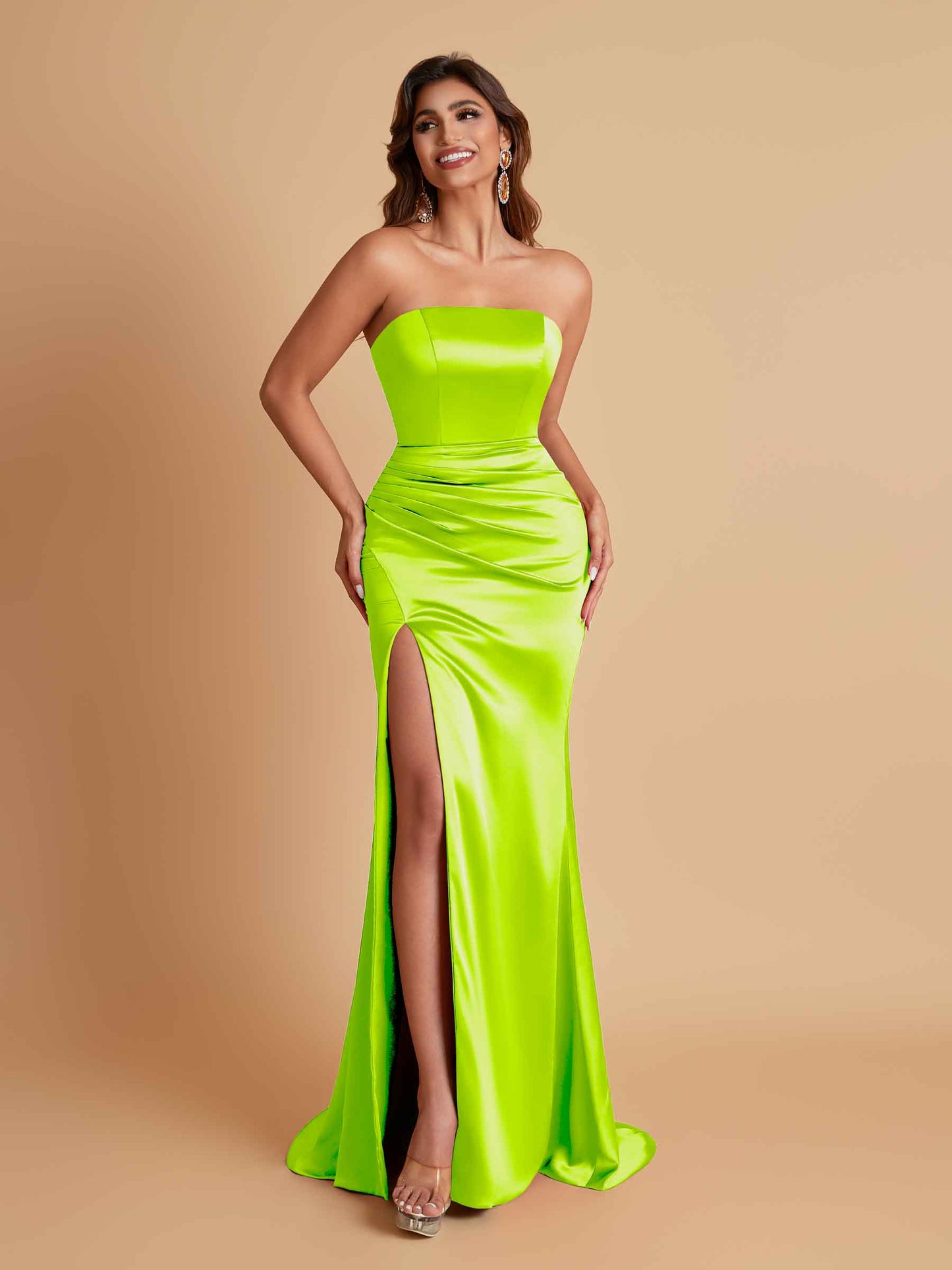 Elegant Soft Satin Strapless Split Side Mermaid Bridesmaid Dresses