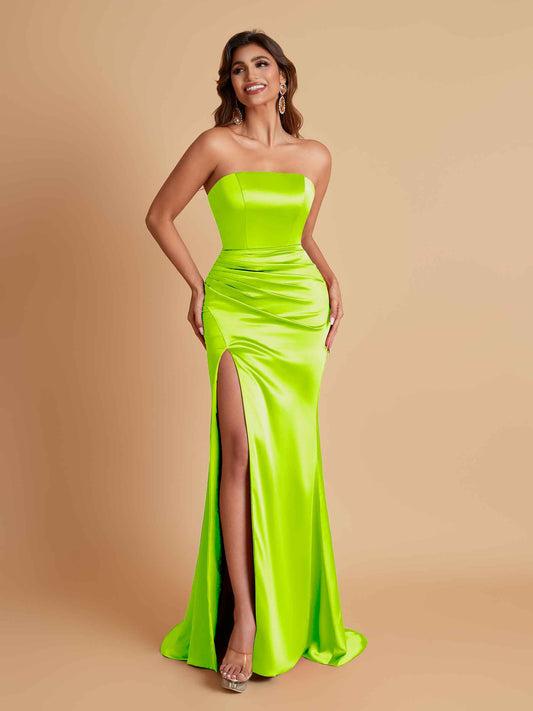 Elegant Soft Satin Strapless Split Side Mermaid Bridesmaid Dresses