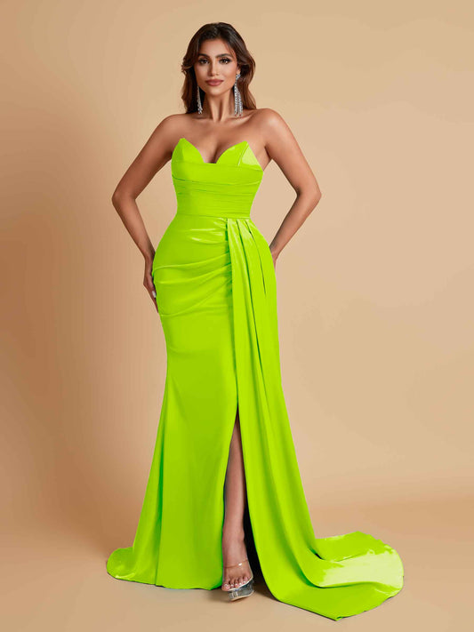 Gorgeous Strapless Soft Satin Side Slit Floor-Length Mermaid Bridesmaid Dresses