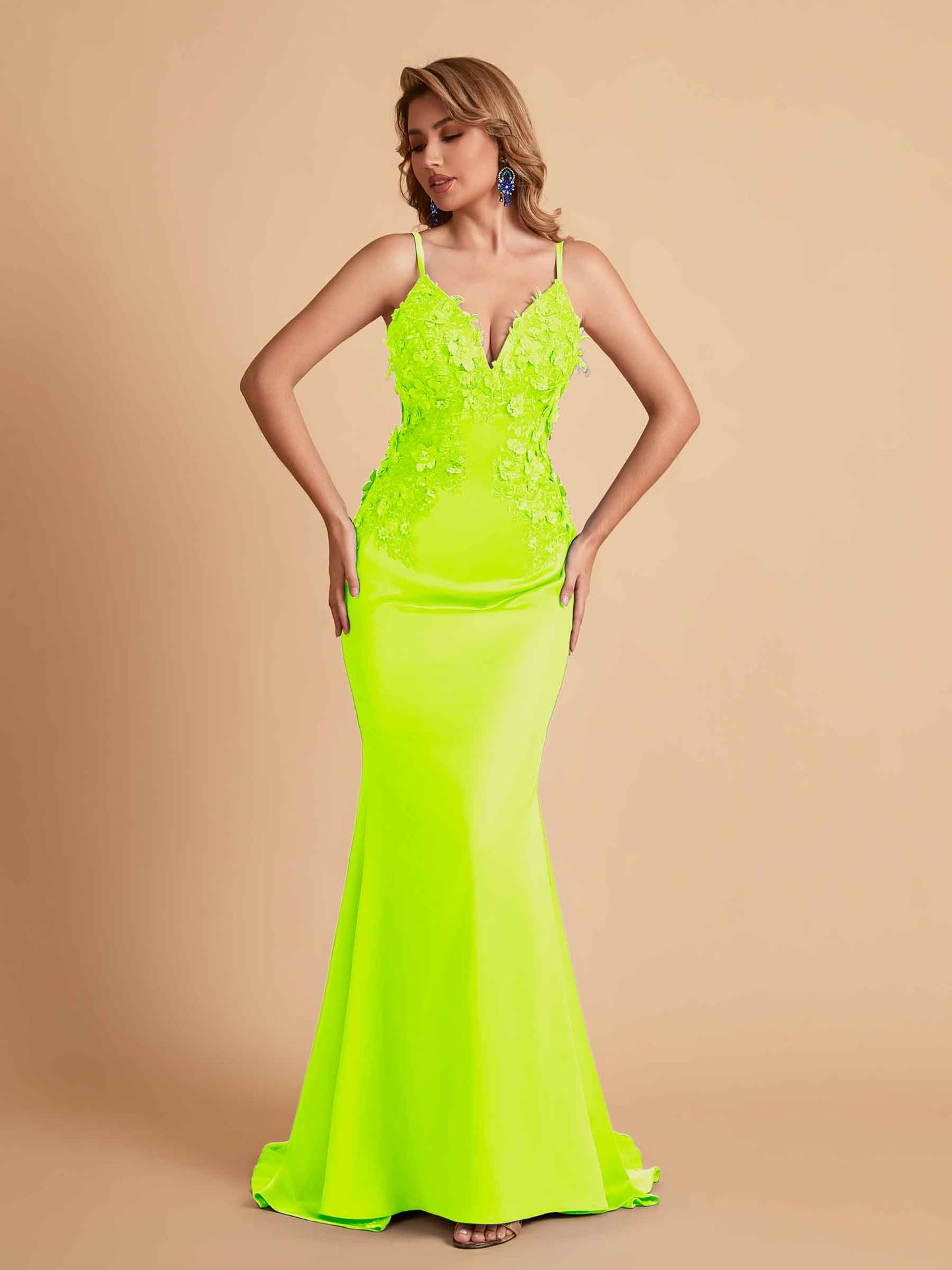Sexy Satin Spaghetti Straps V-neck Mermaid Floor Length Applique Bridesmaid Dresses