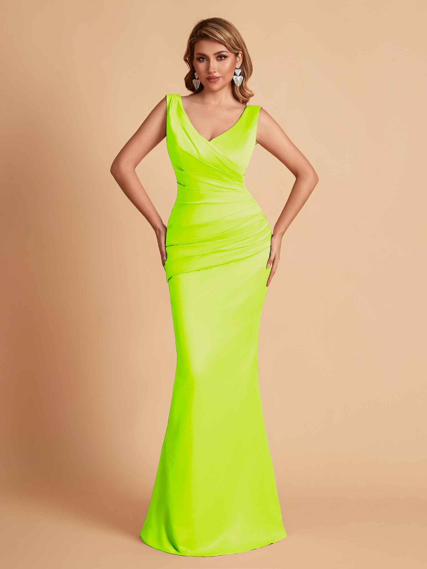 Elegant Satin V-neck Sleeveless Mermaid Floor Length Bridesmaid Dresses