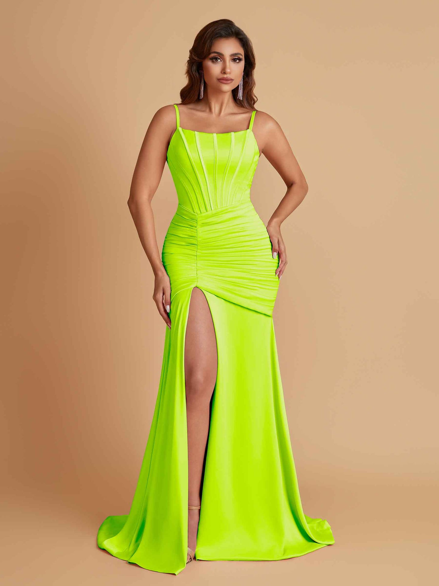 Sexy Soft Satin Mermaid Spaghetti Straps Side Slit Floor-Length Bridesmaid Dresses