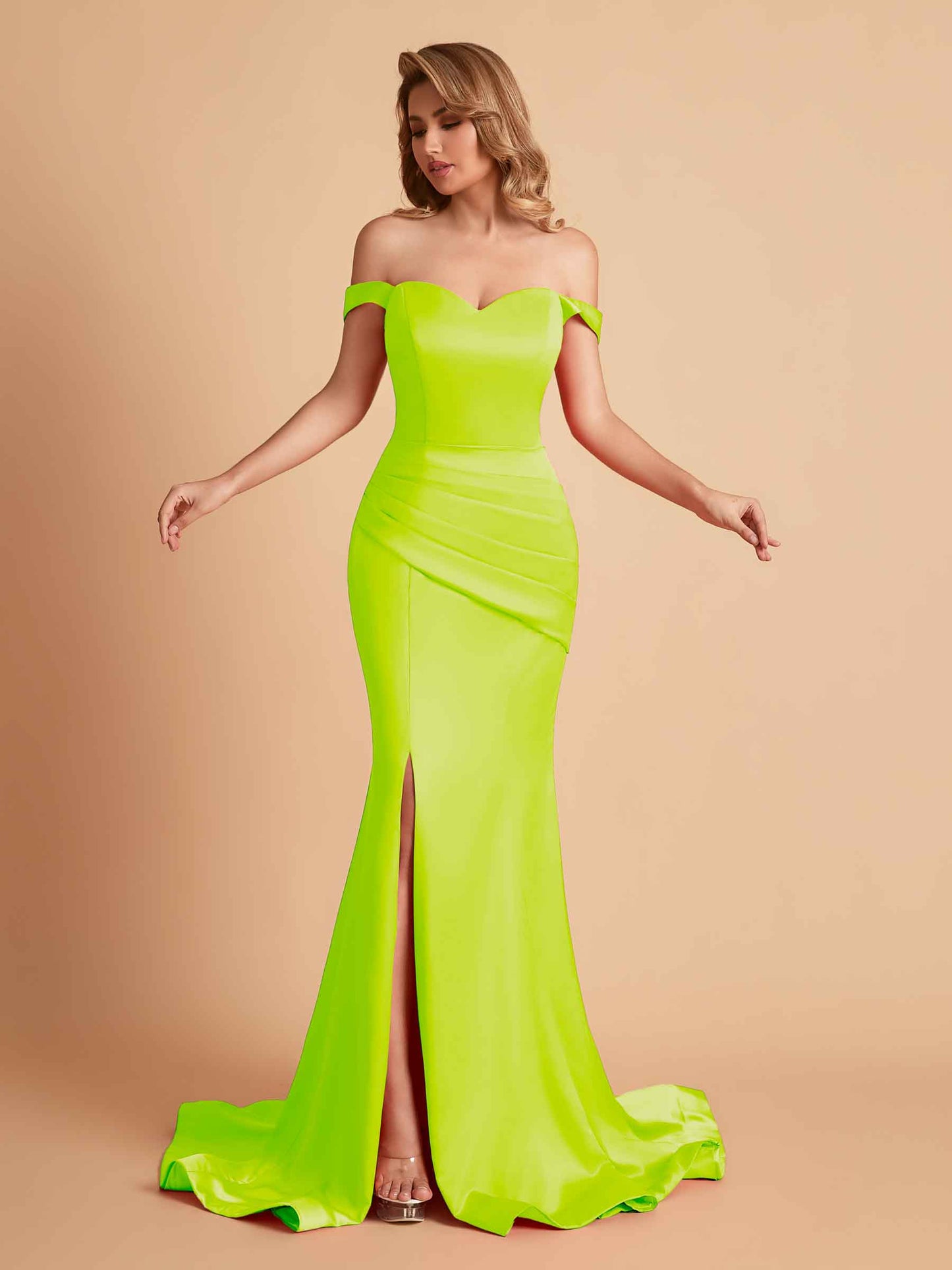 Elegant Satin Off the Shoulder Mermaid Side Slit Floor Length Bridesmaid Dresses