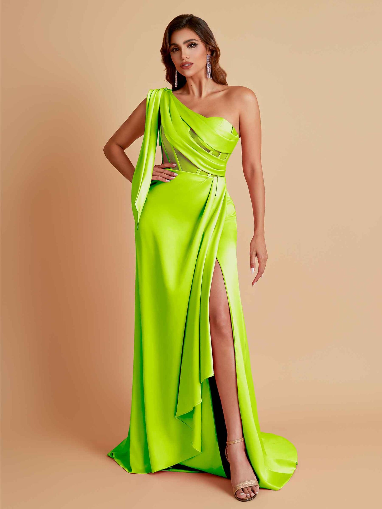 Sexy Soft Satin Mermaid One Shoulder Asymmetrical Side Slit Floor-Length Bridesmaid Dresses