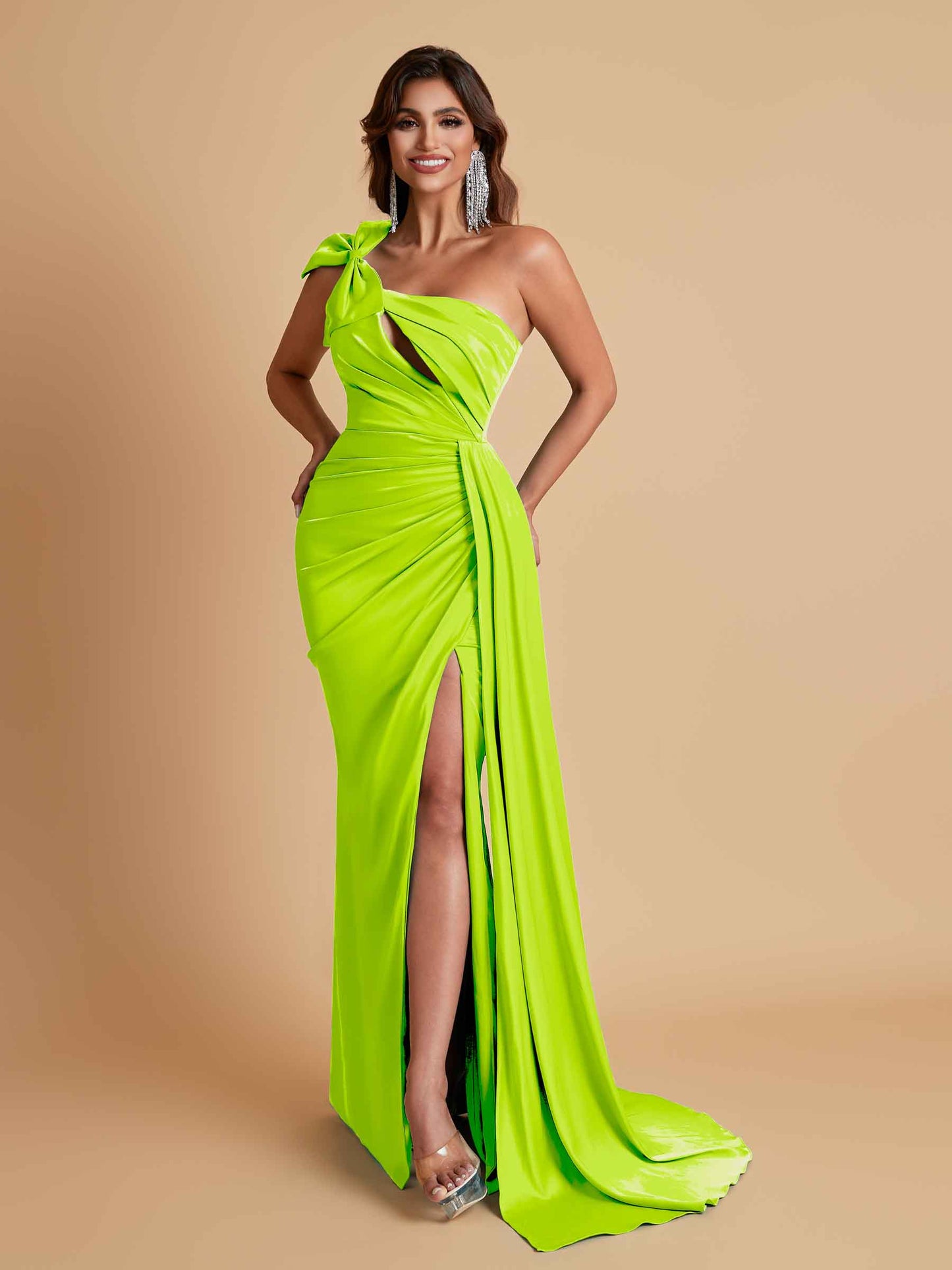 Gorgeous One Shoulder Bow Knot Soft Satin Side Slit Floor-Length Mermaid Bridesmaid Dresses