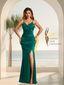 Sexy Satin Mermaid Bridesmaid Dresses Spaghetti Straps V-neck Side Slit Floor Length