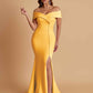 Elegant Soft Satin Mermaid Off Shoulder Side Slit Floor-Length Bridesmaid Dresses