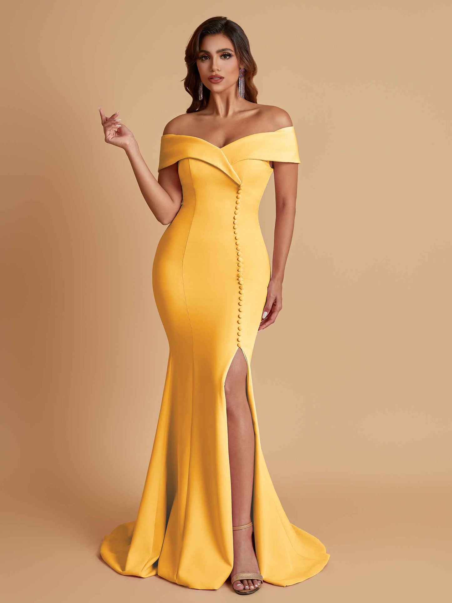 Elegant Soft Satin Mermaid Off Shoulder Side Slit Floor-Length Bridesmaid Dresses