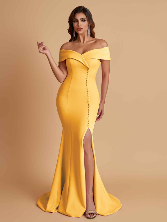 Elegant Soft Satin Mermaid Off Shoulder Side Slit Floor-Length Bridesmaid Dresses