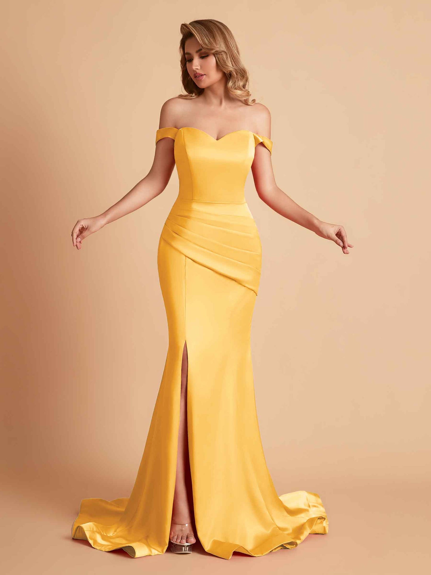 Elegant Satin Off the Shoulder Mermaid Side Slit Floor Length Bridesmaid Dresses