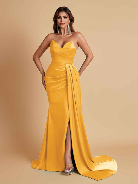Gorgeous Strapless Soft Satin Side Slit Floor-Length Mermaid Bridesmaid Dresses