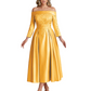 Off Shoulder Mother of the Bride Dress Tea-Length Satin Gown with Lace Applique