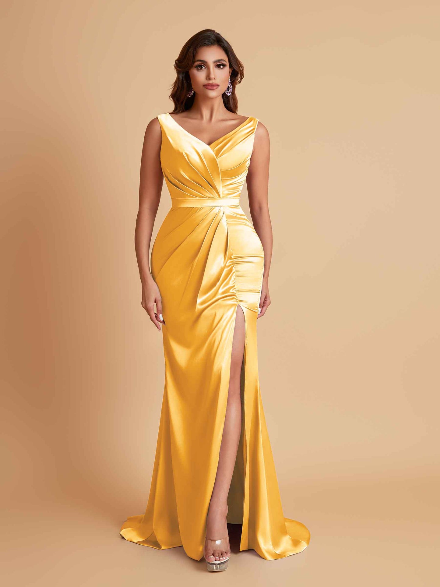 Elegant V Neck Soft Satin Side Slit Floor-Length Mermaid Bridesmaid Dresses