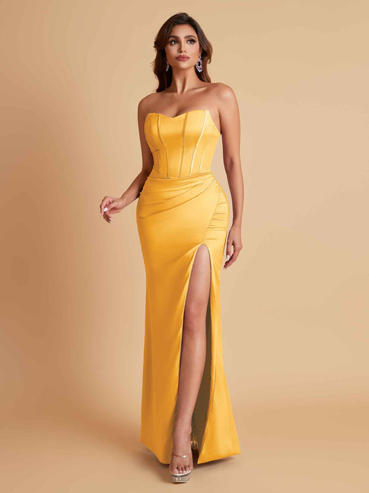 Sexy Strapless Soft Satin Side Slit Floor-Length Mermaid Bridesmaid Dresses