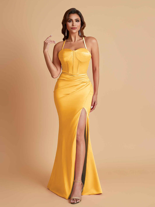 Sexy Soft Satin Mermaid Spaghetti Straps Side Slit Floor-Length Bridesmaid Dresses