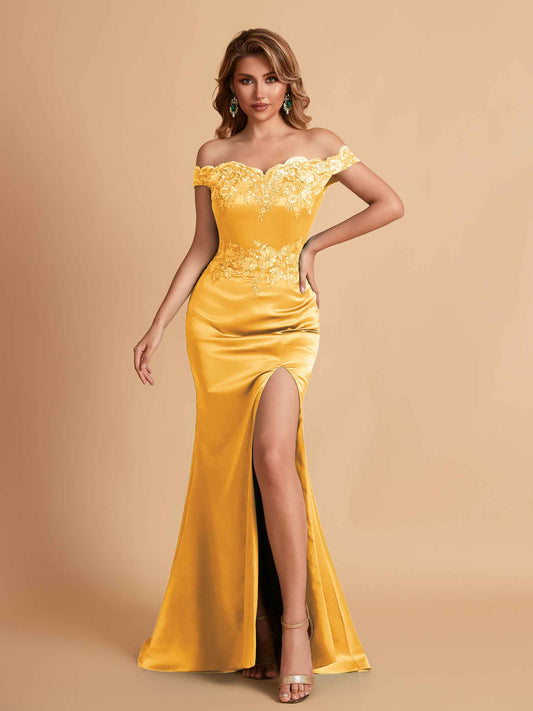 Elegant Satin Off Shoulder Mermaid Side Slit Floor Length Bridesmaid Dresses