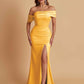 Elegant Soft Satin Mermaid Off Shoulder Asymmetrical Side Slit Floor-Length Bridesmaid Dresses