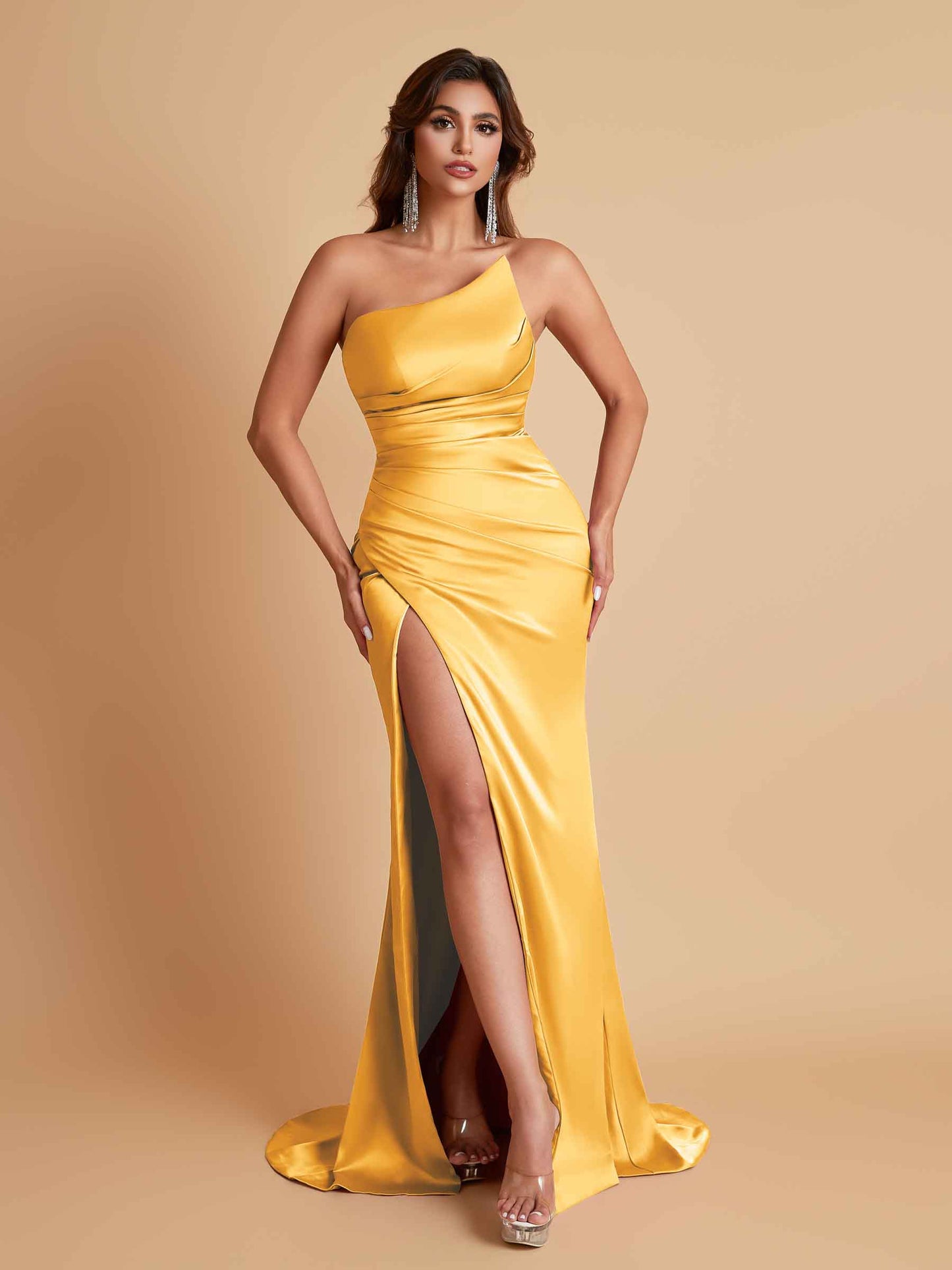 Gorgeous Strapless Soft Satin Side Slit Floor-Length Mermaid Bridesmaid Dresses
