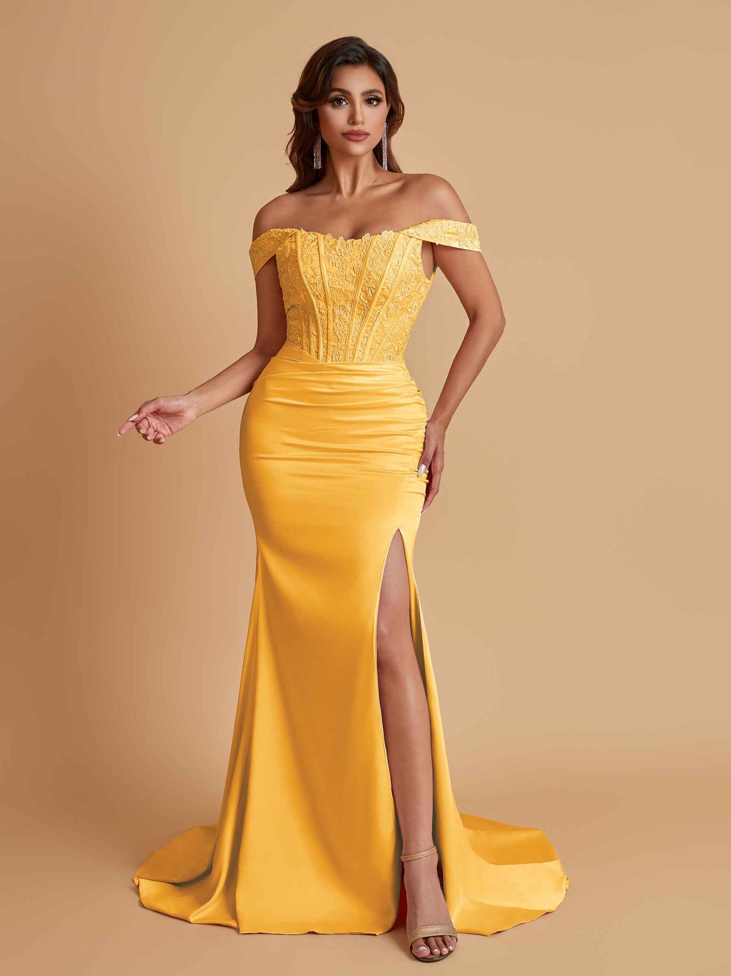 Elegant Soft Satin Mermaid Off Shoulder Side Slit Floor-Length Mermaid Bridesmaid Dresses