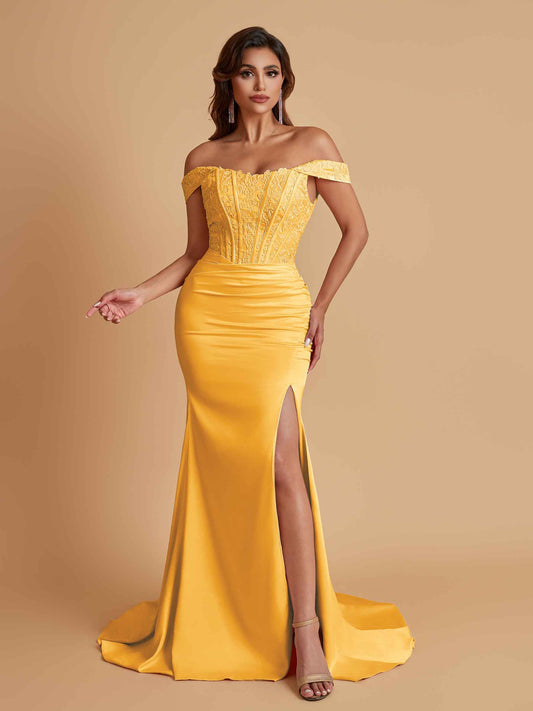 Elegant Soft Satin Mermaid Off Shoulder Side Slit Floor-Length Mermaid Bridesmaid Dresses