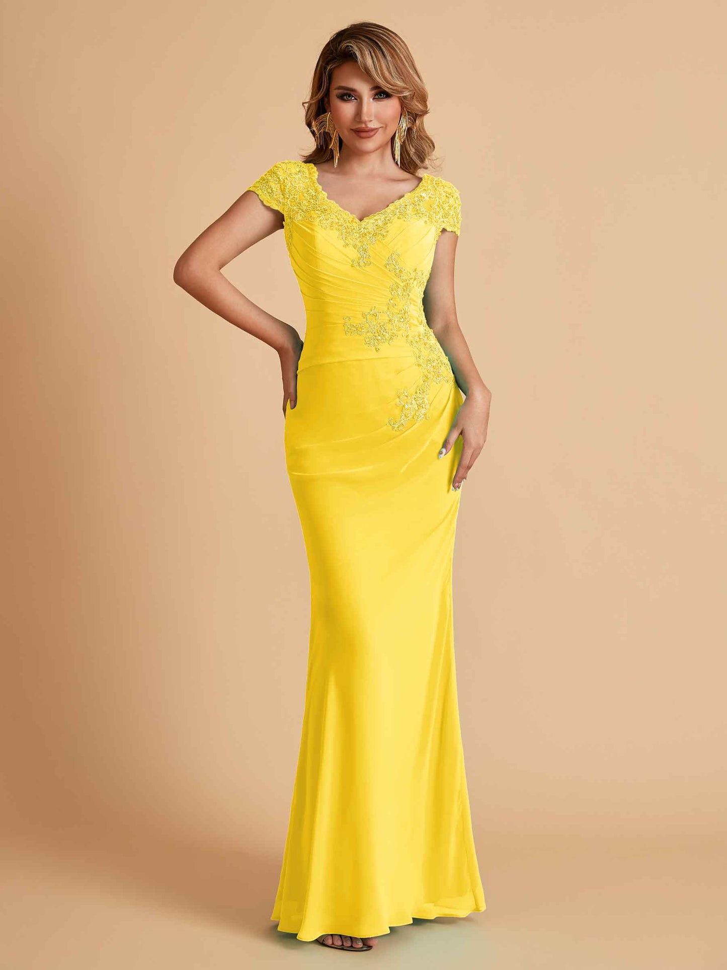 Elegant Mermaid Chiffon Cap Sleeves V-Neck Mother of the Brides Dresses Online