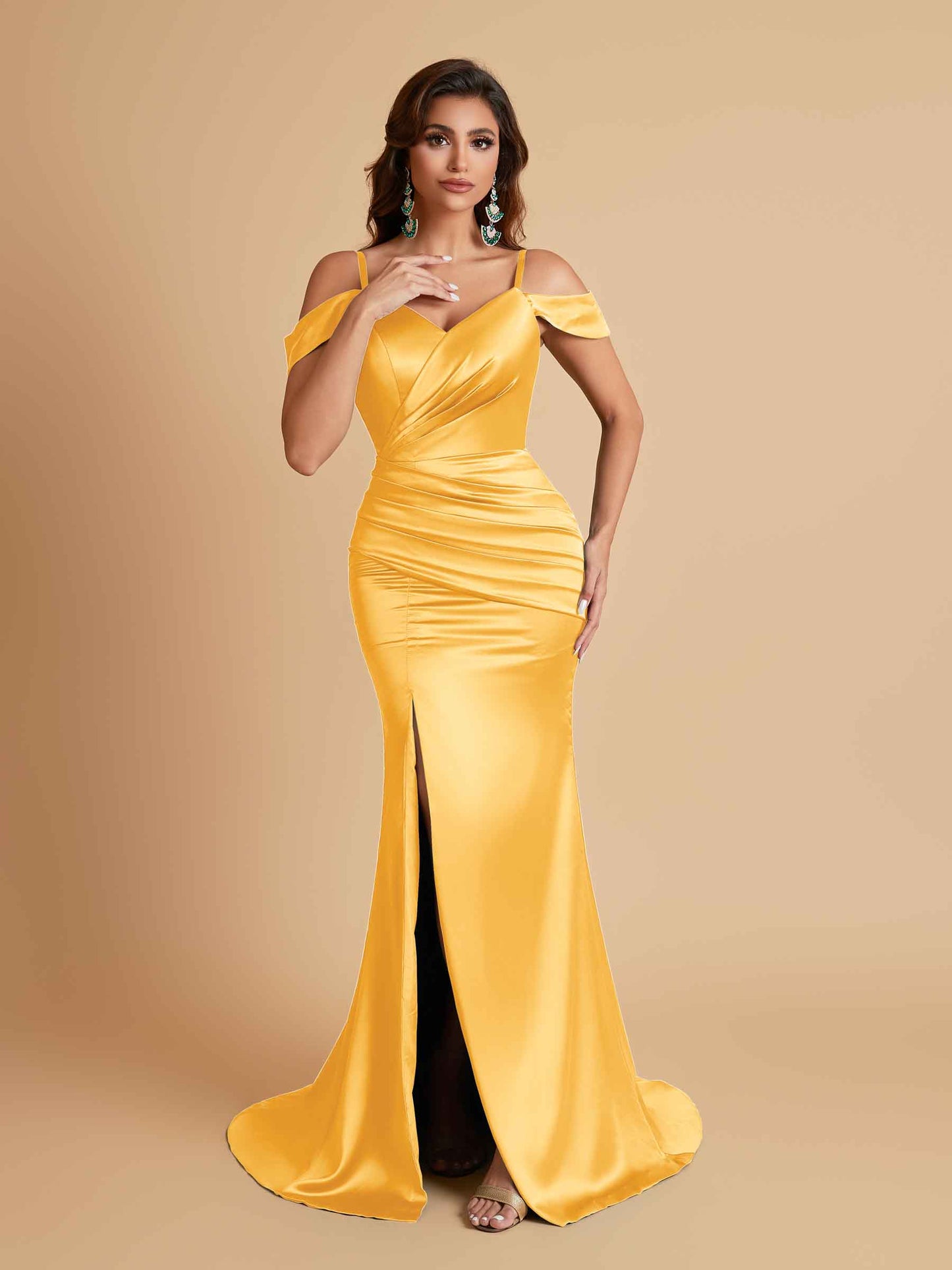 Sexy Soft Satin Mermaid Off Shoulder Side Slit Floor-Length Mermaid Bridesmaid Dresses