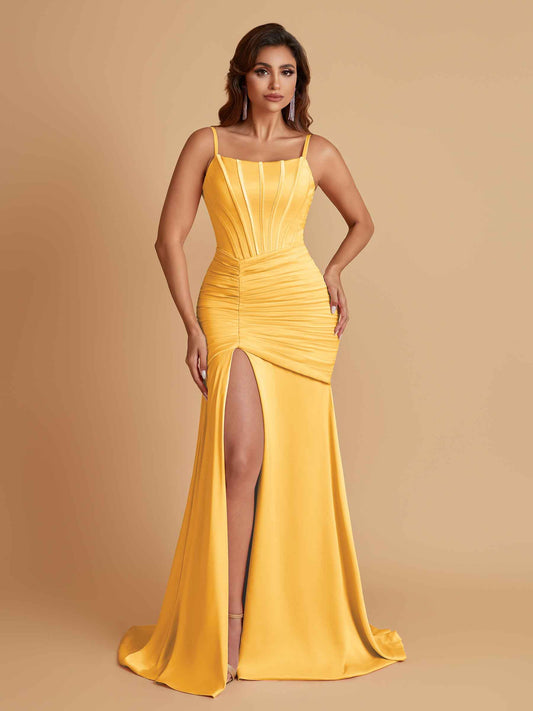 Sexy Soft Satin Mermaid Spaghetti Straps Side Slit Floor-Length Bridesmaid Dresses