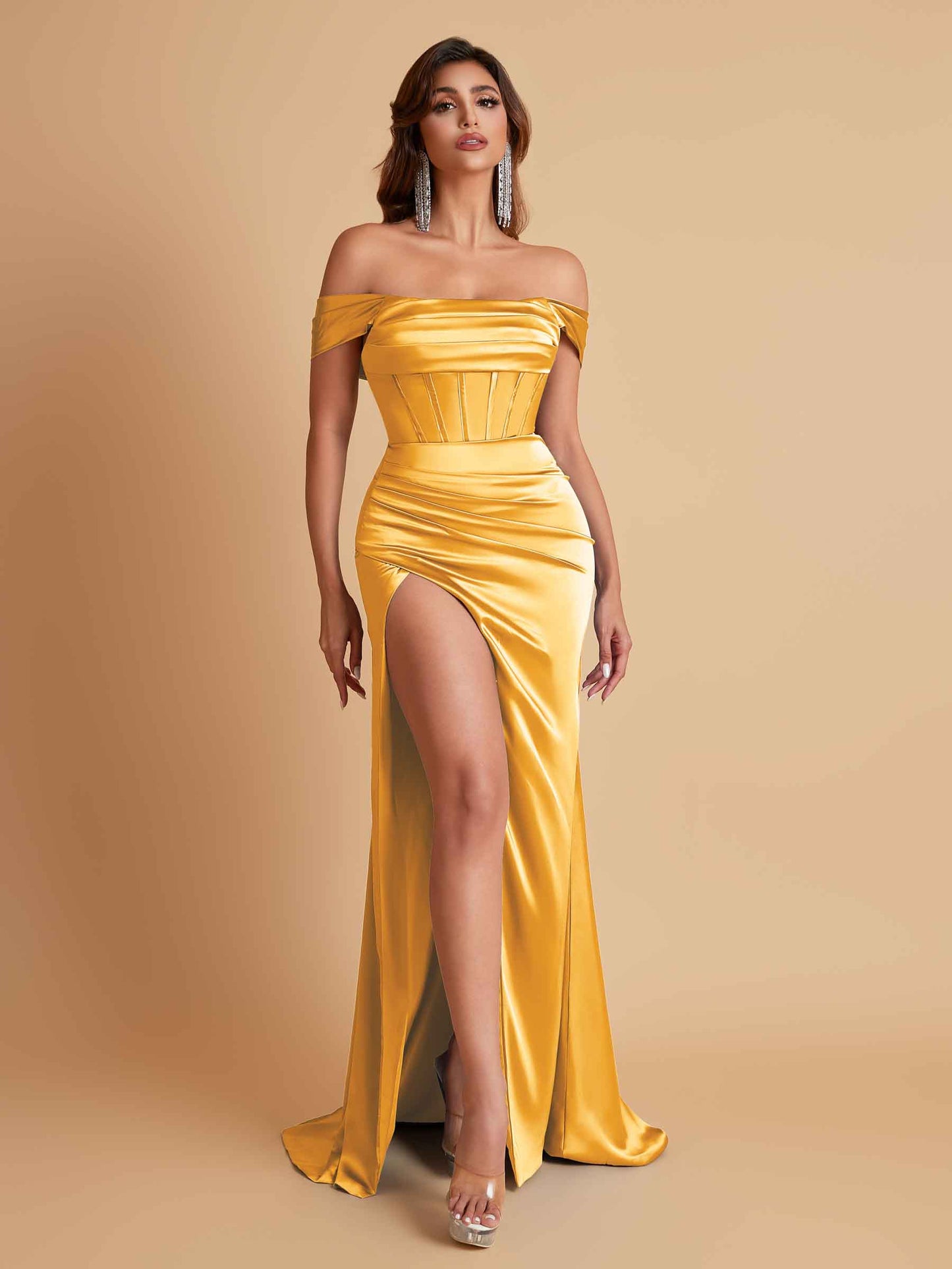 Sexy Off the Shoulder Soft Satin Side Slit Floor-Length Mermaid Bridesmaid Dresses