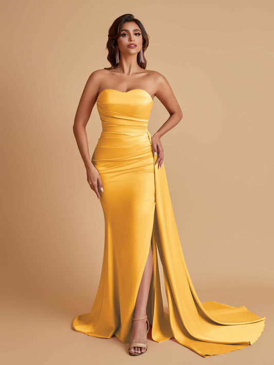 Simple Soft Satin Mermaid Strapless Floor-Length Mermaid Bridesmaid Dresses