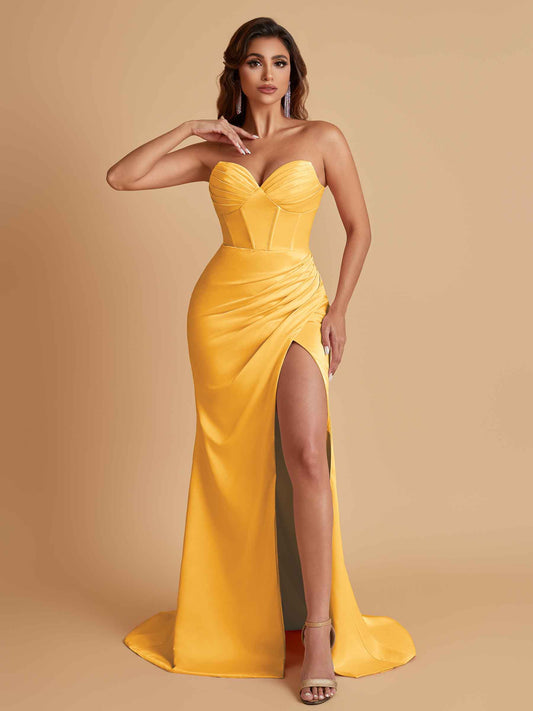 Elegant Soft Satin Mermaid V-neck Side Slit Floor-Length Bridesmaid Dresses Online