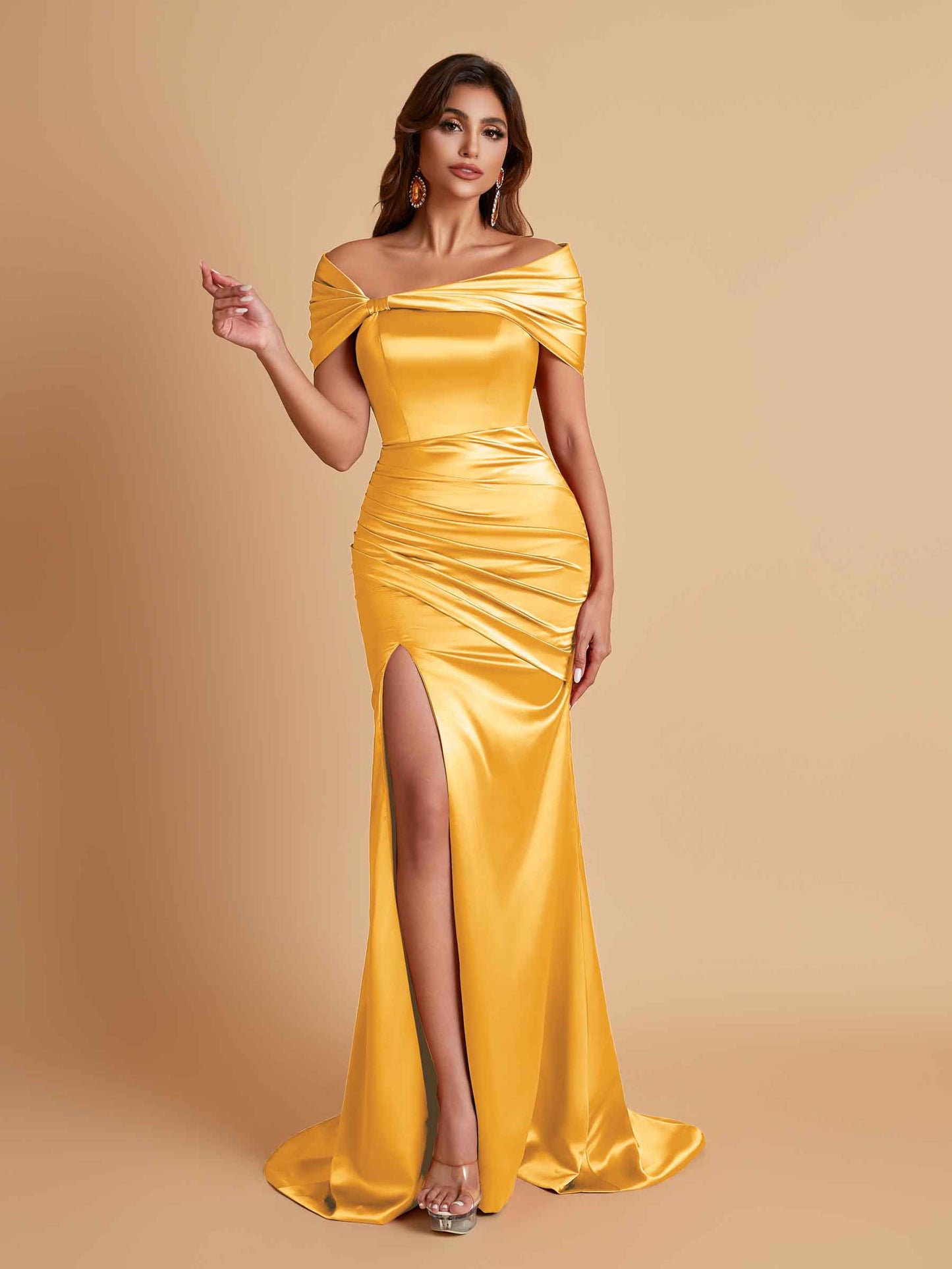 Elegant Soft Satin Off-the-shoulder Side-Slit Mermaid Bridesmaid Dresses