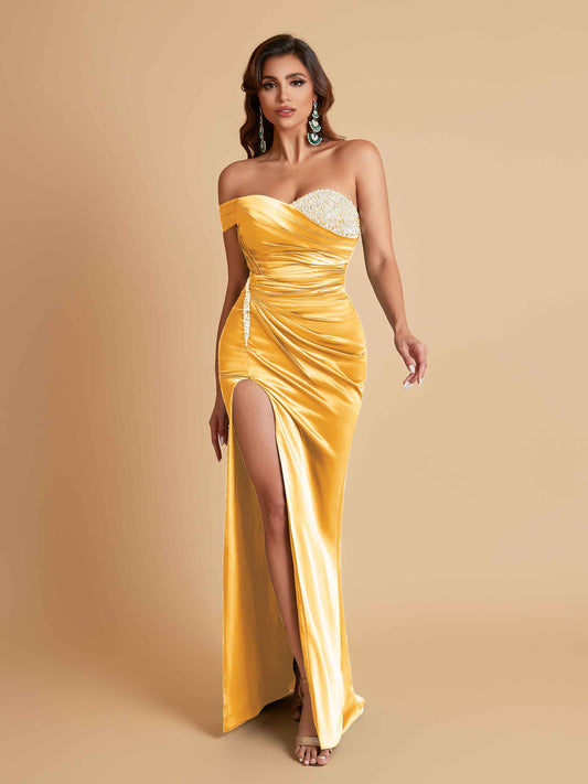 Sexy Soft Satin Mermaid One Shoulder Side Slit Floor-Length Mermaid Bridesmaid Dresses